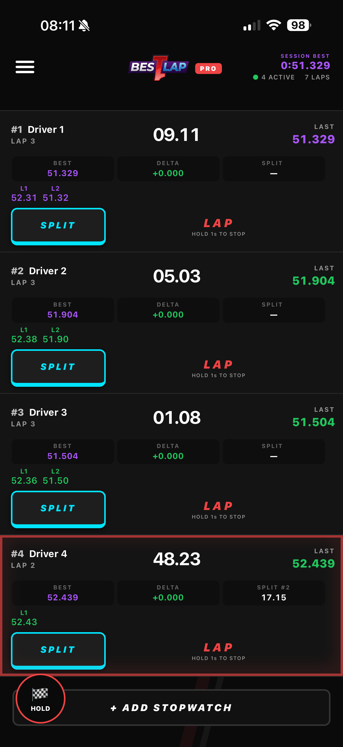 BestLap home screen with live timing on 4 drivers
