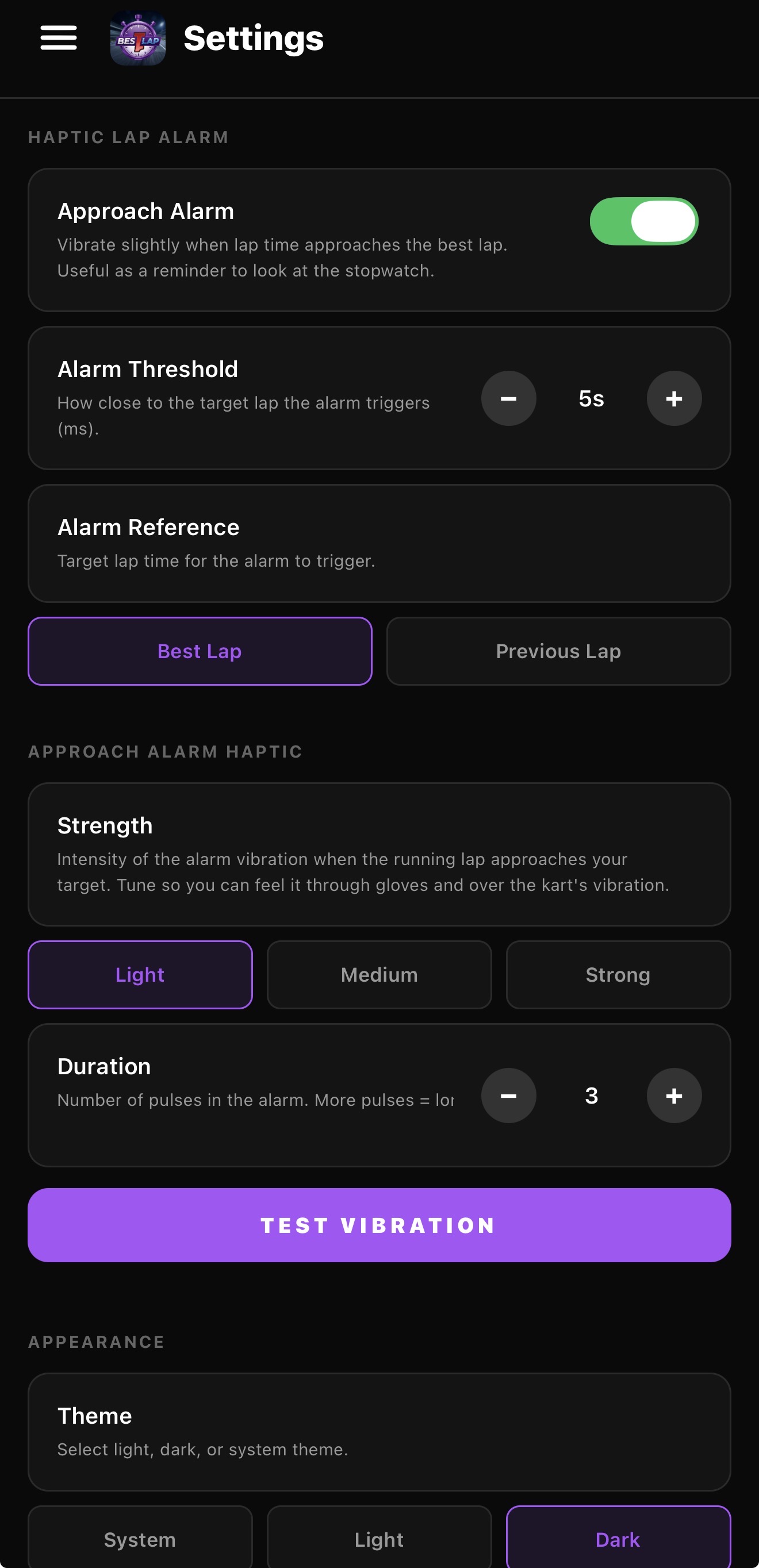 BestLap haptic alarm settings