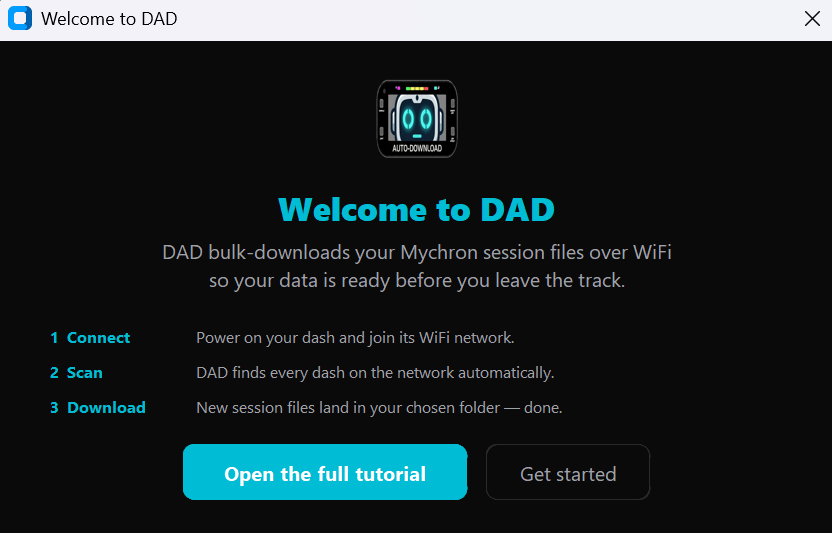 DAD welcome screen and activation dialog on first launch