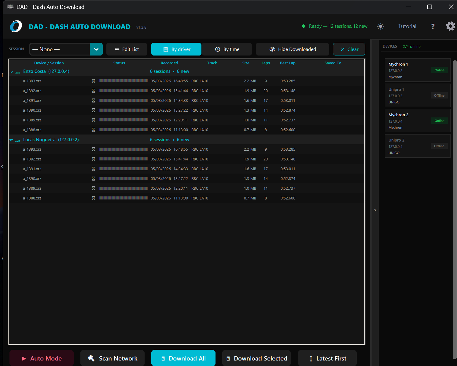 DAD device sidebar after scanning, showing multiple connected dashes with session counts